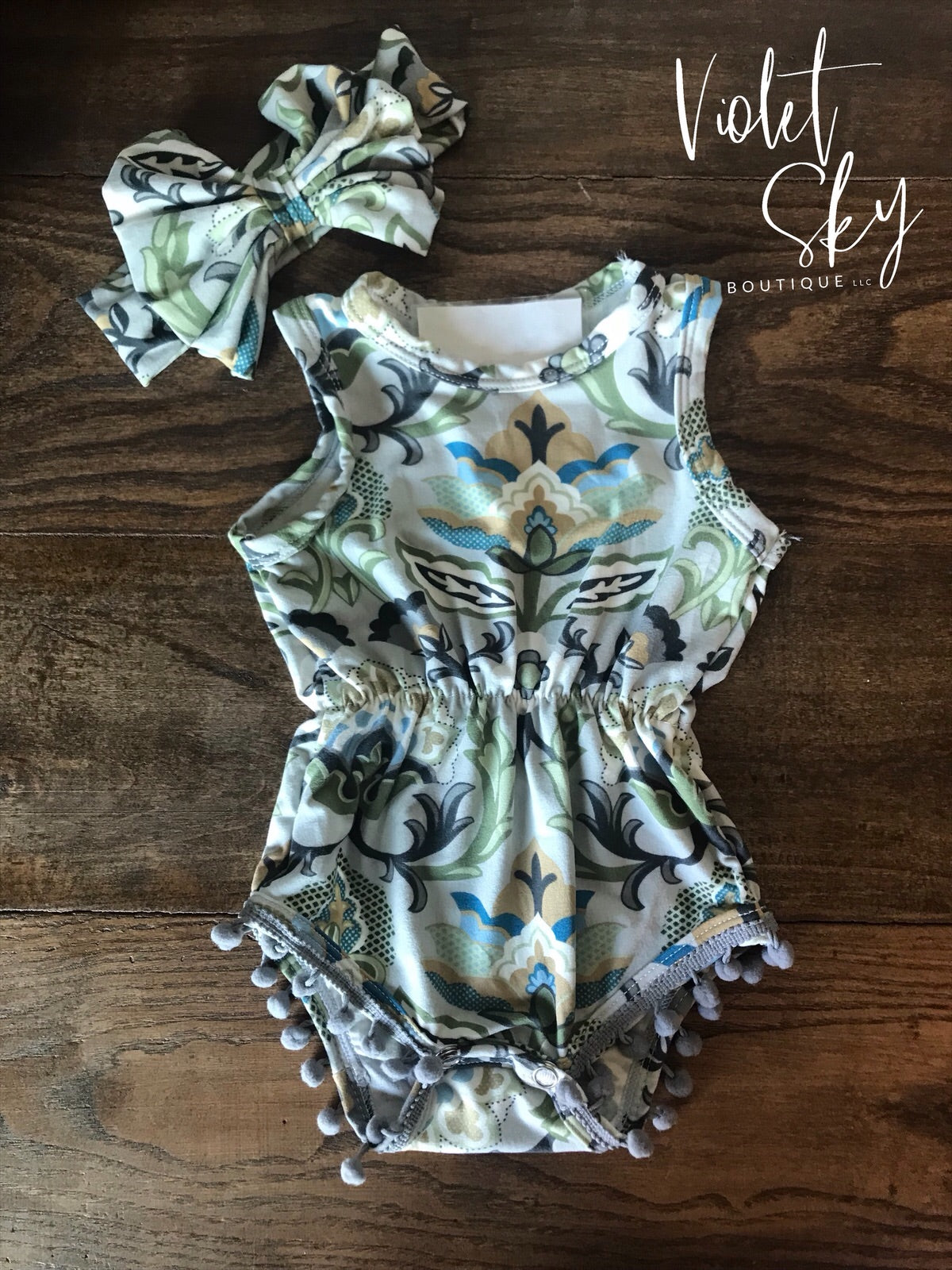 Baby - Green/Grey Floral Romper + Headband